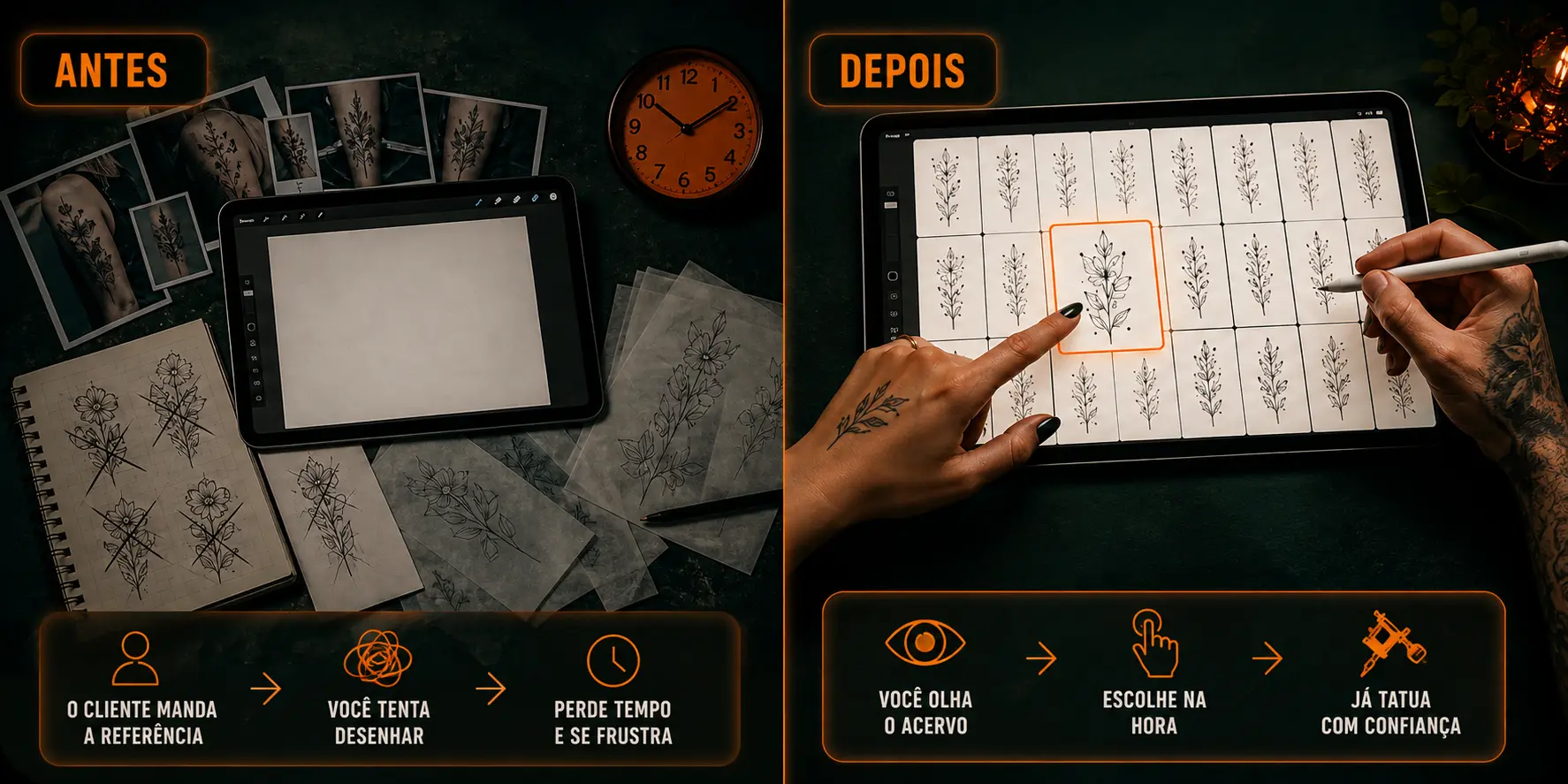 Comparação antes e depois: desenhar do zero versus escolher no acervo pronto
