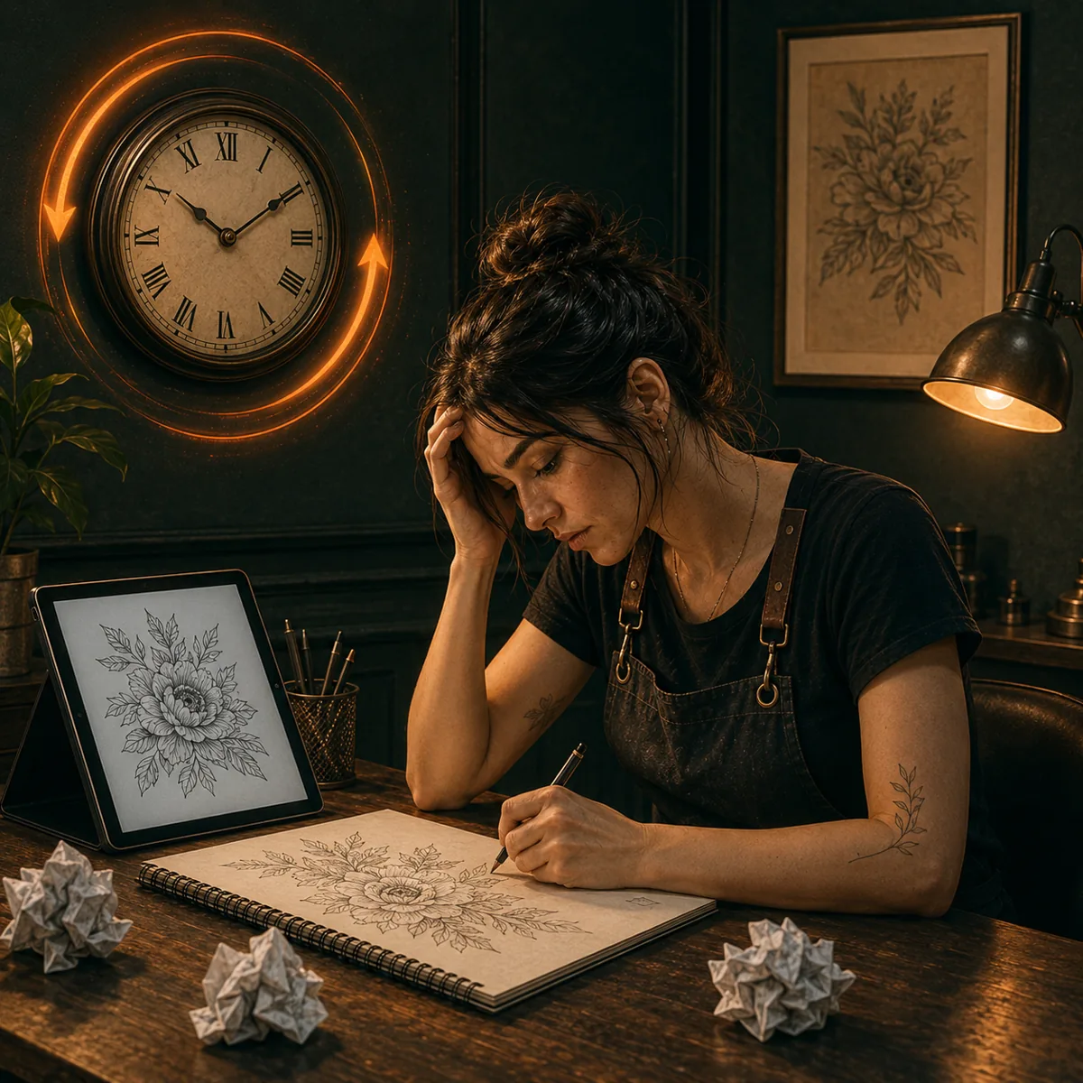 Tatuadora cansada desenhando flores no caderno com relógio ao fundo